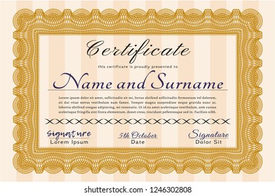 Orange Certificate of achievement template. With linear background. Superior design. Vector illustration. 
