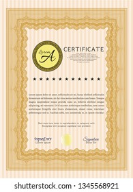 Orange Certificate of achievement template. With linear background. Retro design. Vector illustration. 
