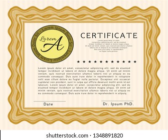 Orange Certificate of achievement template. With linear background. Vector illustration. Money style design. 