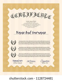 Orange Certificate of achievement template. Lovely design. With great quality guilloche pattern. Detailed. 