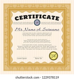 Orange Certificate of achievement template. Lovely design. With guilloche pattern. Customizable, Easy to edit and change colors. 