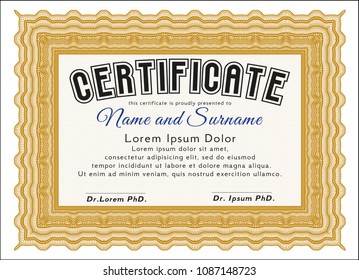 Orange Certificate of achievement template. Money style design. Detailed. With guilloche pattern. 