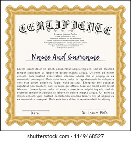 Orange Certificate of achievement template. Money design. Detailed. With guilloche pattern and background. 
