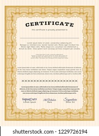Orange Certificate of achievement template. Money design. Vector illustration. With guilloche pattern and background. 