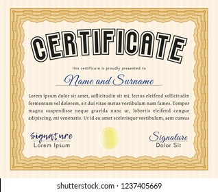 Orange Certificate of achievement template. Money Pattern design. Vector illustration. Easy to print. 