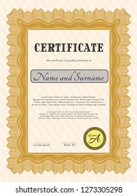 Orange Certificate of achievement template. Money Pattern design. Customizable, Easy to edit and change colors. With guilloche pattern and background. 