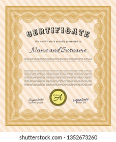 Orange Certificate of achievement template. Money Pattern. Vector illustration. With complex linear background. 