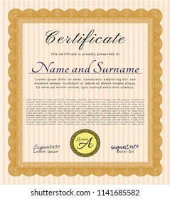 Orange Certificate of achievement template. Nice design. With complex linear background. Vector illustration. 