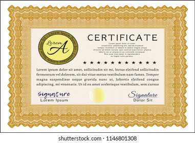 Orange Certificate of achievement template. Perfect design. With guilloche pattern and background. Customizable, Easy to edit and change colors. 
