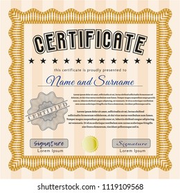 Orange Certificate of achievement template. Printer friendly. Vector illustration. Money style design. 
