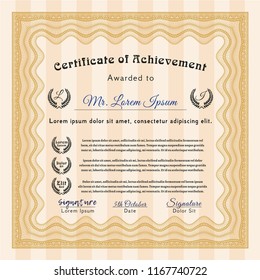 Orange Certificate of achievement template. Printer friendly. Excellent design. Vector illustration. 