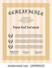 Orange Certificate of achievement template. Printer friendly. Artistry design. Detailed. 