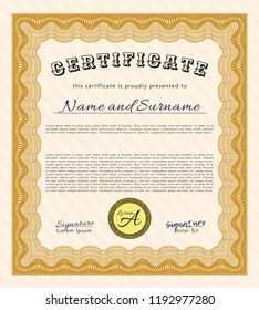 Orange Certificate of achievement template. With quality background. Vector illustration. Lovely design. 