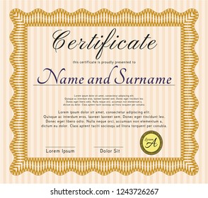 Orange Certificate of achievement template. With quality background. Detailed. Money style design. 