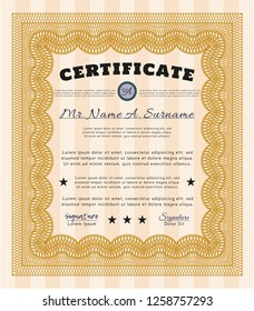 Orange Certificate of achievement template. Retro design. With guilloche pattern and background. Detailed. 