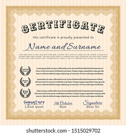 Orange Certificate of achievement template. Superior design. Detailed. Printer friendly. 