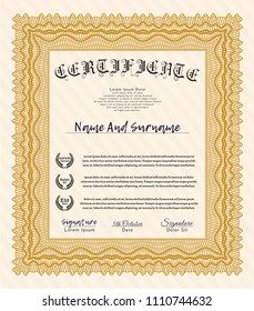 Orange Certificate of achievement template. Vector illustration. Complex background. Beauty design. 