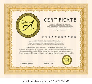 Orange Certificate of achievement template. Vector illustration. With guilloche pattern. Cordial design. 