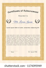 Orange Certificate of achievement template. Vector illustration. Easy to print. Cordial design. 
