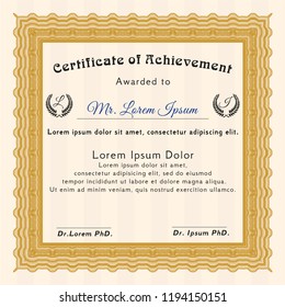 Orange Certificate of achievement template. Vector illustration. With background. Retro design. 
