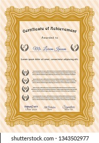 Orange Certificate of achievement template. Vector illustration. With linear background. Cordial design. 