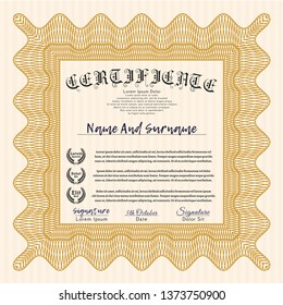 Orange Certificate of achievement template. Vector illustration. With complex linear background. Cordial design. 