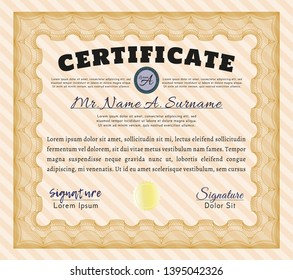 Orange Certificate of achievement template. Vector illustration. With linear background. Perfect design. 