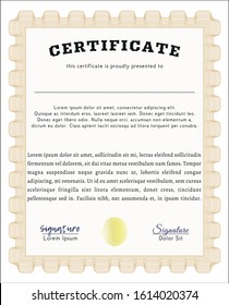 Orange Certificate of achievement template. Vector illustration. With guilloche pattern. Money Pattern. 