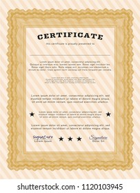 Orange Certificate of achievement. Vector illustration. With great quality guilloche pattern. Retro design. 