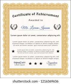 Orange Certificate of achievement. Vector illustration. With linear background. Elegant design. 
