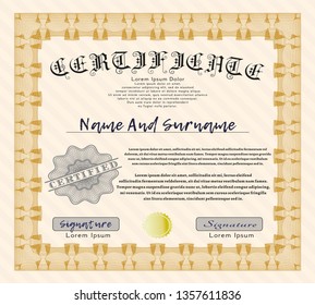 Orange Certificate of achievement. Vector illustration. With complex background. Modern design. 