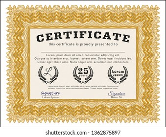 Orange Certificate of achievement. Vector illustration. With great quality guilloche pattern. Superior design. 