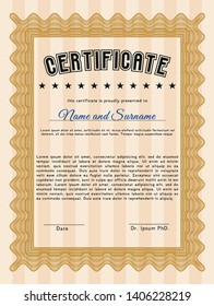 Orange Certificate of achievement. Vector illustration. With guilloche pattern and background. Sophisticated design. 