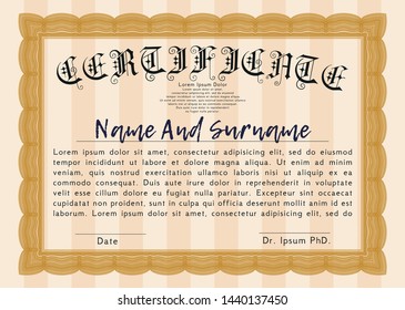 Orange Certificate of achievement. Vector illustration. With complex background. Retro design. 