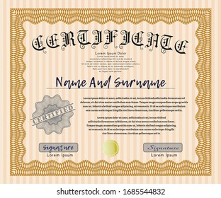 Orange Certificate. Complex background. Vector illustration. Artistry design. 