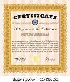 Orange Certificate. With complex linear background. Detailed. Cordial design. 