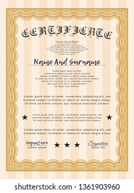 Orange Certificate. With complex linear background. Vector illustration. Money Pattern design. 