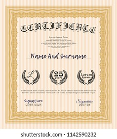 Orange Certificate. Detailed. With guilloche pattern. Superior design. 