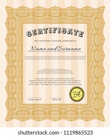 Orange Certificate diploma or award template. Complex background. Vector illustration. Sophisticated design. 