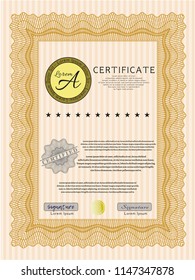 Orange Certificate diploma or award template. Customizable, Easy to edit and change colors. With linear background. Money design. 