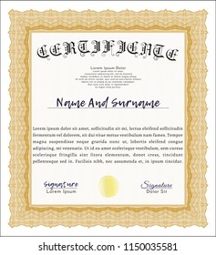 Orange Certificate diploma or award template. Good design. With complex linear background. Vector illustration. 