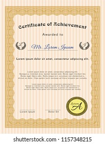 Orange Certificate diploma or award template. Artistry design. Vector illustration. With complex linear background. 