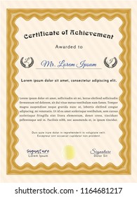 Orange Certificate diploma or award template. With great quality guilloche pattern. Vector illustration. Money Pattern design. 