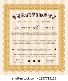 Orange Certificate diploma or award template. With complex background. Cordial design. Detailed. 