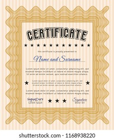 Orange Certificate diploma or award template. Detailed. Complex background. Money Pattern design. 