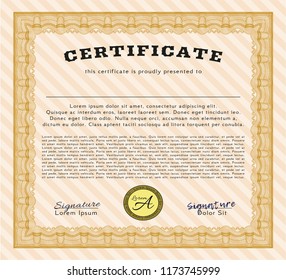 Orange Certificate diploma or award template. Money design. Detailed. With complex background. 