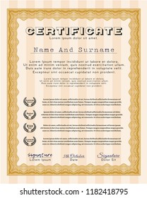 Orange Certificate diploma or award template. With guilloche pattern. Customizable, Easy to edit and change colors. Lovely design. 