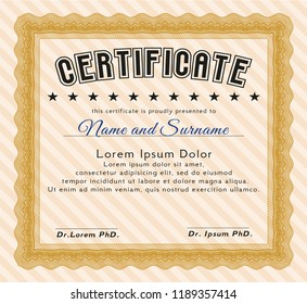 Orange Certificate diploma or award template. With great quality guilloche pattern. Nice design. Detailed. 