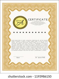 Orange Certificate diploma or award template. With background. Vector illustration. Elegant design. 