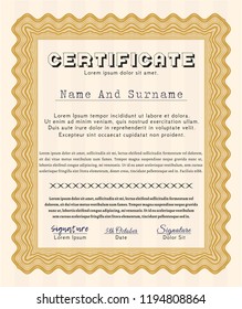 Orange Certificate diploma or award template. Printer friendly. Customizable, Easy to edit and change colors. Money style design. 